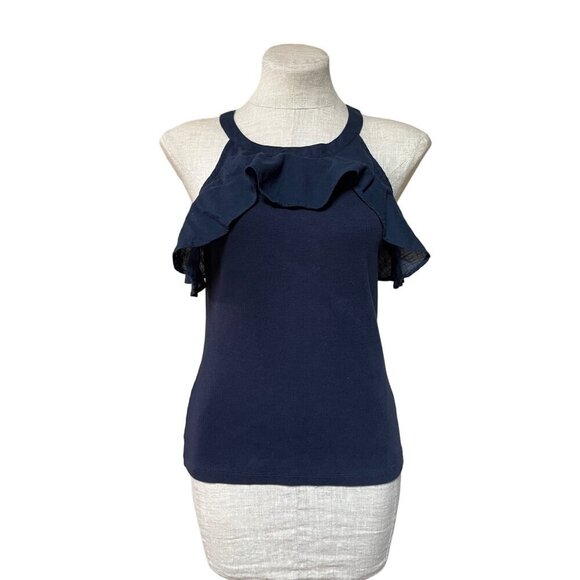 Anthropologie Maeve Ruffled Rib Halter Tank Top Blue Flounce Neck Stretch Cotton - Picture 2 of 8